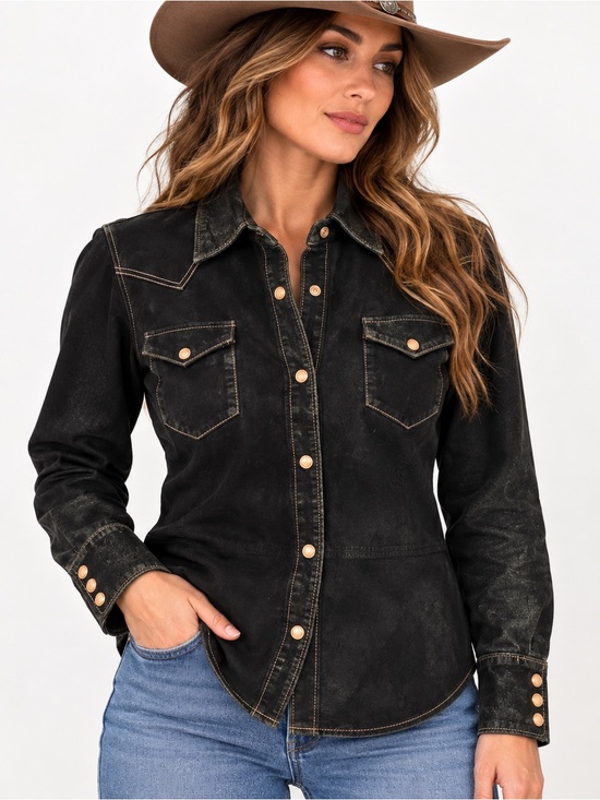 Willi Smith Collection Tops - Vintage Willi Smith Black Distressed Leather Western Pearl Snap Cowgirl Shirt M